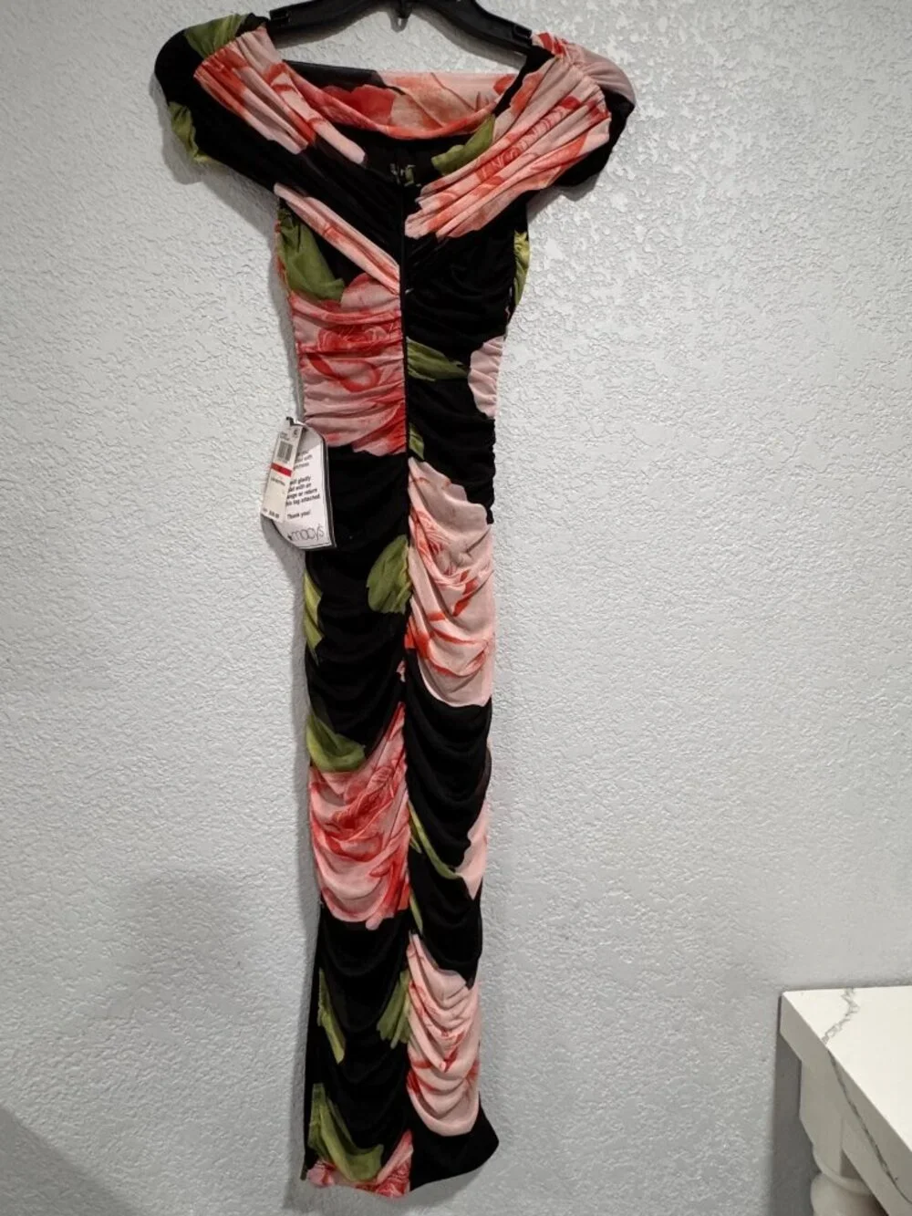 Floral Off-Shoulder Midi Dress By B. Darlin - Black & Peach - Ruched Design - XS